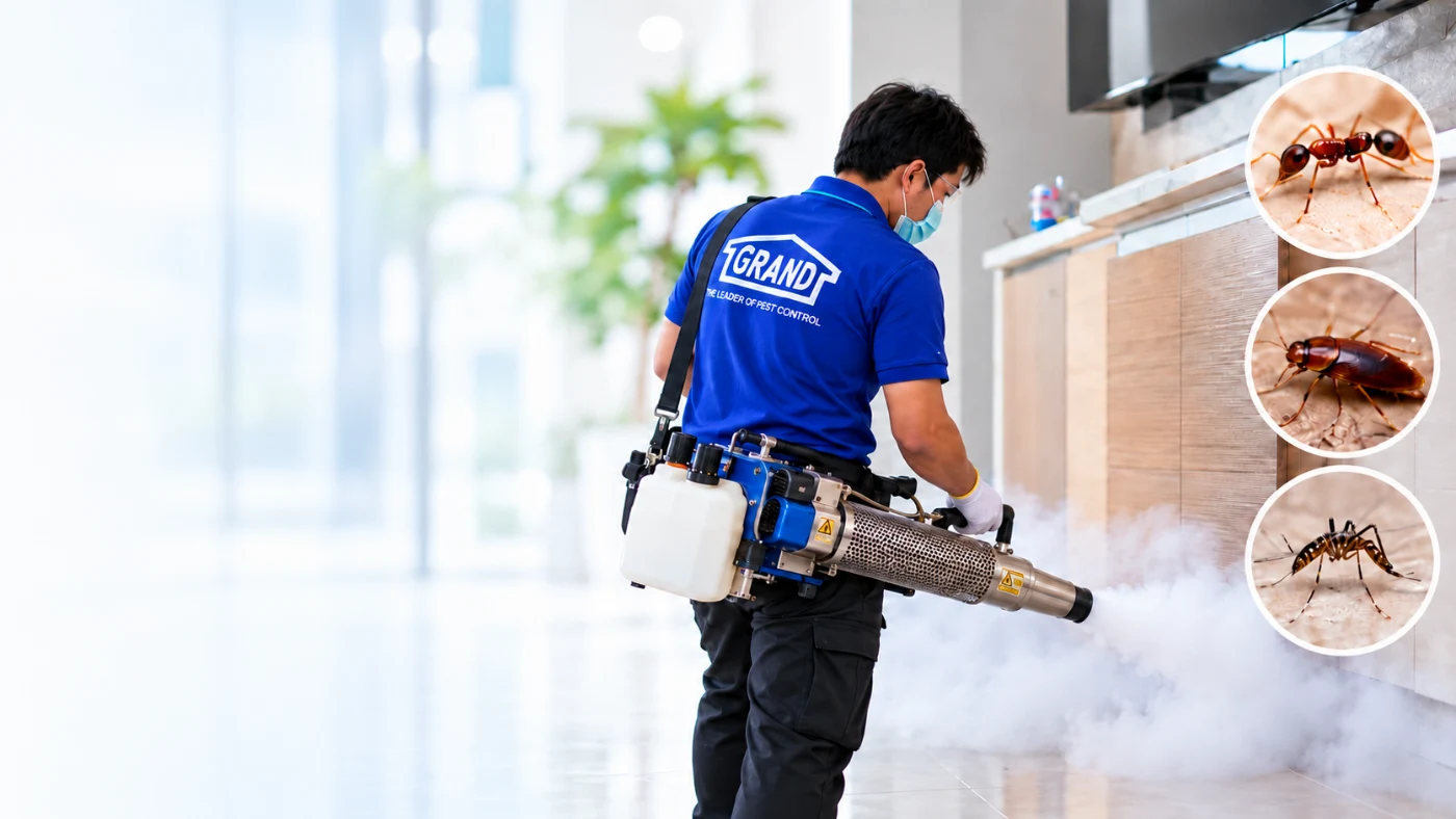 เจ้าหน้าที่ Grand Service Center ให้บริการกำจัดมดและแมลงภายในอาคาร